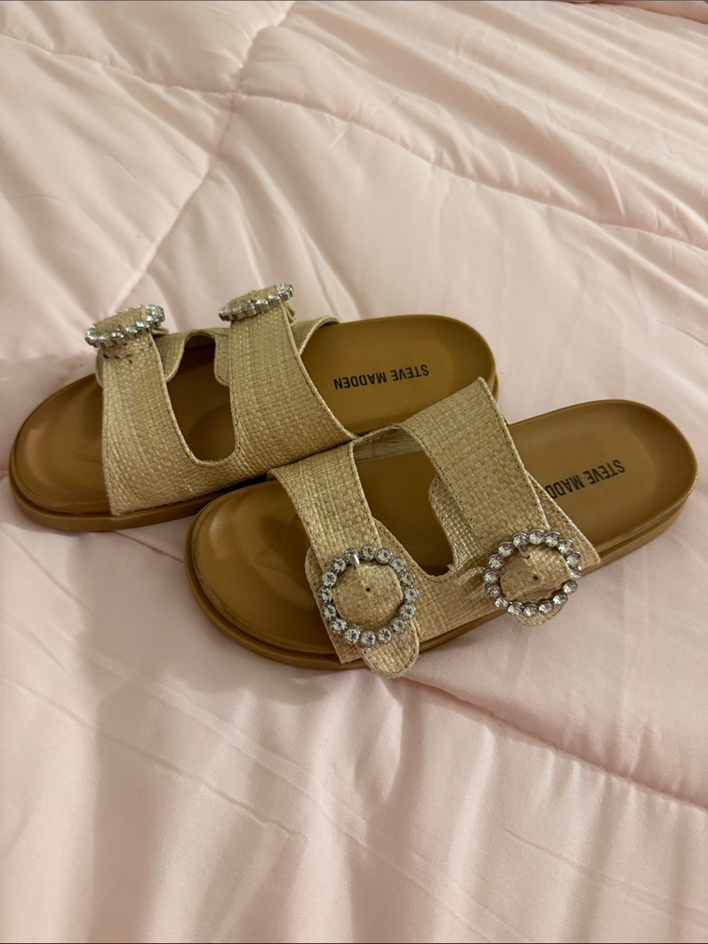 Steve Madden Natural Raffia Slide Sandals with Crystal Buckles